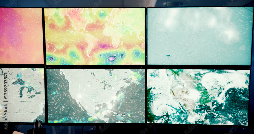 Aufkleber Monitor, screen and report with map, meteorology and broadcast for news research. Ecology, environment and weather science with forecast for data, control room update and climate change satellite