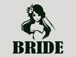 Elegant bride silhouette in a flowing wedding dress with a delicate veil and floral headpiece, elegant bride illustration with floral headpiece and flowing veil in a soft, romantic style, logo vector