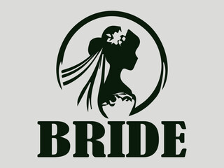 Elegant bride silhouette in a flowing wedding dress with a delicate veil and floral headpiece, elegant bride illustration with floral headpiece and flowing veil in a soft, romantic style, logo vector