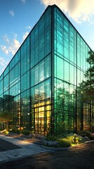 Obraz premium Modern glass building at dusk, reflecting trees and sky