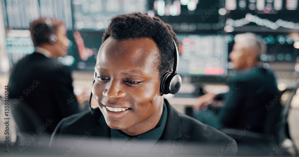 Aufkleber broker, customer service and man by computer with headset for trading advice, stock market insight a