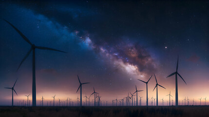Obraz premium A panoramic night scene of a wind farm, the turbines silhouetted against a starry sky with the Milky Way clearly visible