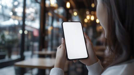 woman is holding smartphone with blank screen in cozy cafe, surrounded by warm lighting and relaxed atmosphere. focus is on device, inviting creativity