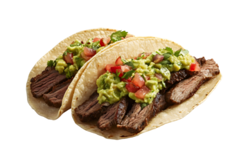 Two soft shell tacos with grilled meat, guacamole, tomato and cilantro on top.