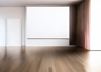 Realistic illustration of a spacious living room with white picture board walls on a laminate floor.