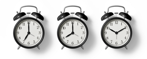 Black twin bell Alarm Clock analog classic vintage retro style, isolated on a transparent background, PNG. High resolution.