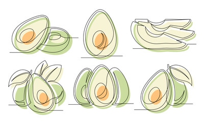 Avocado green continuous one line drawing set isolated on a white background. Outline avocado fruit icon collections. Vector illustration