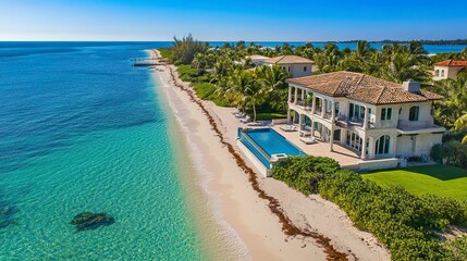 Obraz premium Aerial drone view tropical beachfront estates crystal-clear ocean lined with palm trees bright natural light wide-angle shot 