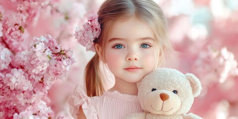 Fototapeta premium Adorable Toddler Girl with Teddy Bear Amidst Pink Cherry Blossoms