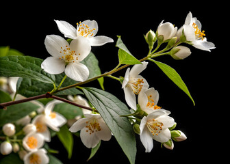 Fototapeta premium White Jasmine Flowers on Black Background – Elegant Floral Beauty