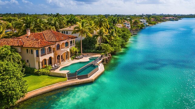 Aerial view of luxury beachfront homes tropical setting turquoise waters palm trees bright sunlight vibrant coastal vibe wide-angle drone shot 