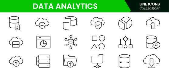 Data analytics web icons set in thin line design. Pack of database, big data process, ai, monitoring, traffic, hosting service, optimization, backup, chart and other. Vector outline stroke icon design