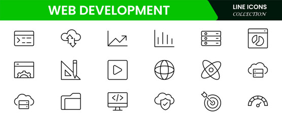 Application development line icons. Vector illustration included icons as mobile software, app UX prototyping, and data analytics pictogram for web startup launch. Green Color,