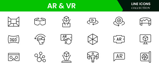 Augmented Reality icon element sets. Includes Virtual Reality, View, Cctv, Headphone, and More. Outline icons vector collection.