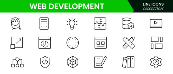 Application development line icons. Vector illustration included icons as mobile software, app UX prototyping, and data analytics pictogram for web startup launch. Green Color,