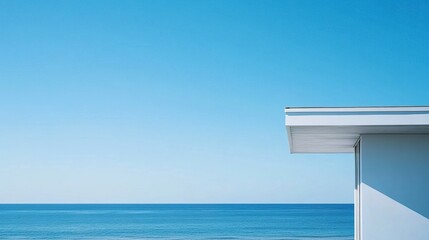 Fototapeta premium Beach house exterior, sleek and modern design, ocean in the distance under clear skies, bright and open view leaving copy space for text. 