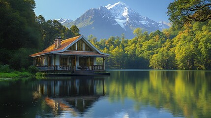 Obraz premium A lakeside cottage rests peacefully with mountains and serene waters