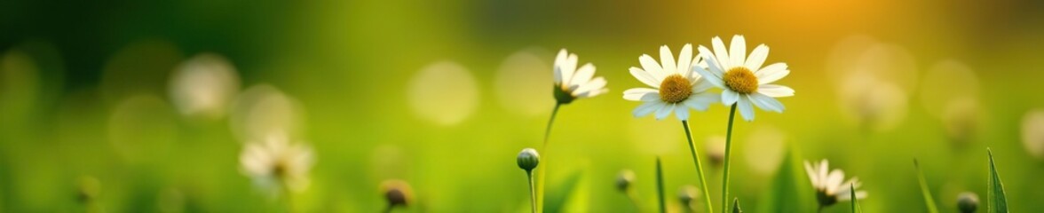 Fototapeta premium Beautiful white wildflowers blooming in a lush meadow, surrounded by green grass at golden hour, white flowers, sunny day