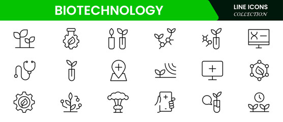 Biotechnology line icons. Includes icons for scientific, innovation, scientist, experiment, microscope, interaction, science. Minimalis  vector icon and illustration.