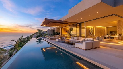 Fototapeta premium Beachfront mansion featuring a lavish terrace, modern sofas, infinity-edge pool reflecting azure sea, golden hour glow 