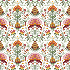 Seamless pattern with flowers in calm shades. Symmetrical floral pattern. Vintage ornament.