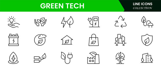 Green Tech & Sustainability vector icons for sustainability, solar, wind, clean power, green tech, net-zero, and eco solutions