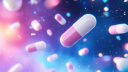 Floating Pink and White Capsules in a Vibrant Cosmic Background
