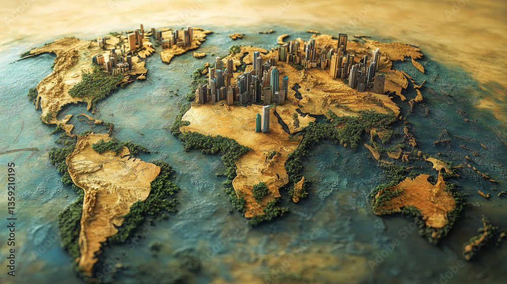 Poster planet map and cyberspace. technological innovation. map of continents with points of largest agglom