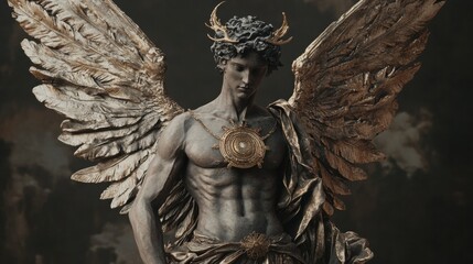 Human Statue with Mythical Theme, adorned with wings and celestial details