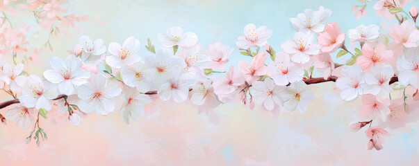Fototapeta premium Pastel Pink and White Cherry Blossoms in Full Bloom