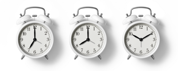 White twin bell Alarm Clock analog classic vintage retro style, isolated on a transparent background, PNG. High resolution.