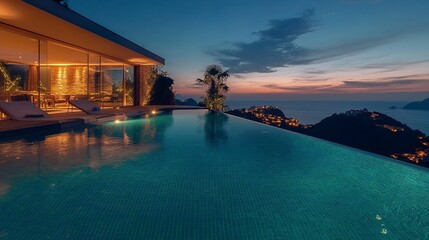 Luxury Cliffside Villa with Infinity Pool Overlooking the Sea at Dusk