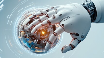 Futuristic robotic hand interacts with a glowing sphere