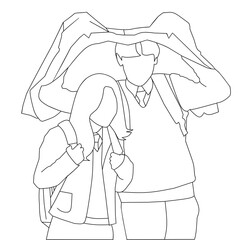 Romantic High School Couple Under a Jacket in the Rain - outline