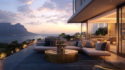 Fototapeta premium Cape Town luxury home balcony, twilight ocean scene beyond glass walls, warm-toned furniture, gold coffee table centerpiece 