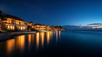 Obraz premium Caribbean beach resort at night, warm lights illuminating luxurious villas, soft reflections on calm ocean waters, starry sky backdrop 