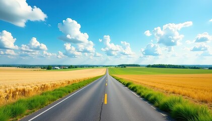 Beautiful countryside landscape with wide field of cereals and pasture divided by deserted road under blue summer sky,  idyllic,  banner
