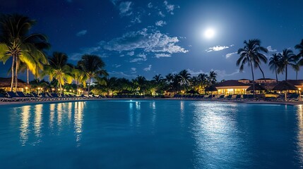 Naklejka premium Caribbean coastal resort at night, infinity pool reflecting warm villa lights, ocean softly lapping nearby, lush palm trees under moonlight 