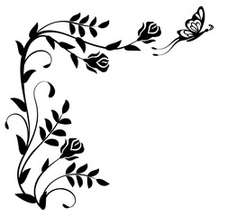 Corner ornament with rose flower, leaves and butterfly. Decorative element for decor and text greeting or invitation card design.