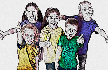 children giving thumbs up with their hands in the air and enjoying their time together.
