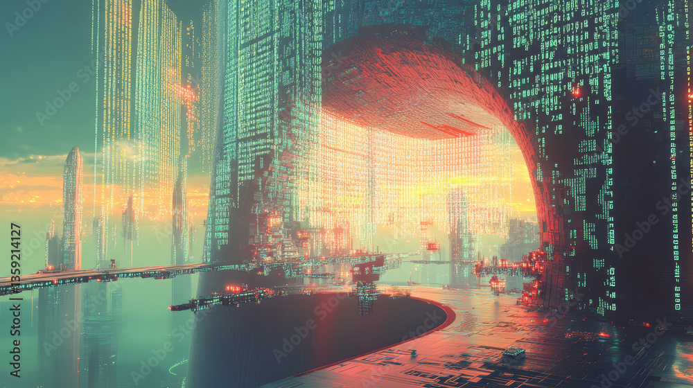 Poster cyber technology 3d illustration. digital data field and binary code elements. futuristic cyberspace