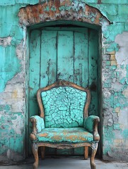 A distressed teal chair sits before a closed weathered doorway