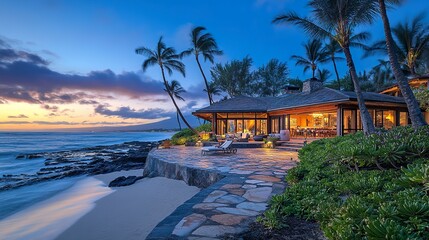 Obraz premium Chic beach house surrounded by coconut trees, smooth stone patio leading to the shore, soft twilight glow, wide-angle capturing beach-to-house view. 