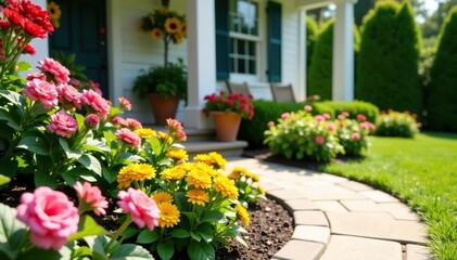 Beautiful front yard garden with colorful decorative plants and flowers, creating a vibrant and inviting space, front yard,  colorful