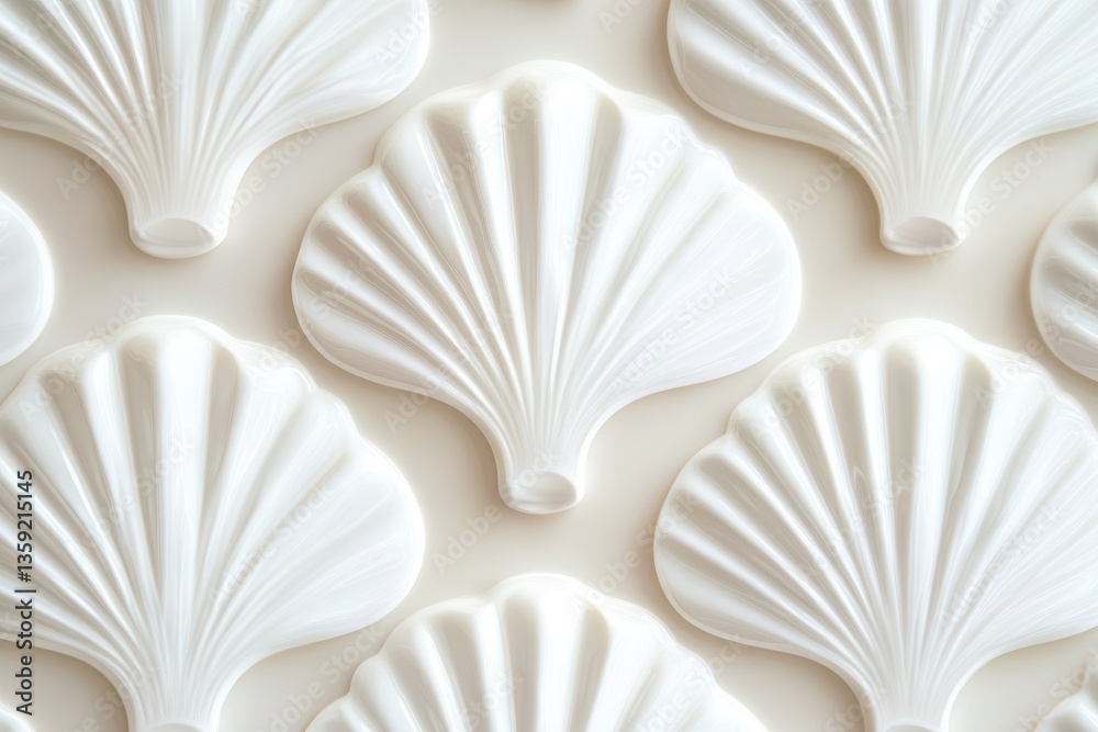 Wall mural close up shot of several white decorative fan shaped objects arranged in a repeating pattern on a su