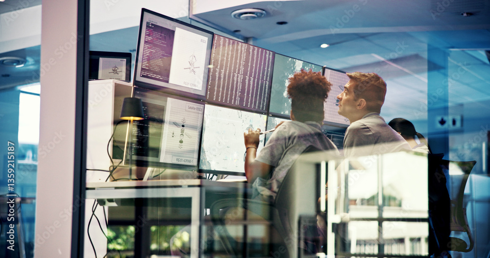 Fototapete People, control room and monitor satellite with maps to track spacecraft with back. Rocket system, engineer and launch team on computer screen with code, ai data or explore space for innovation