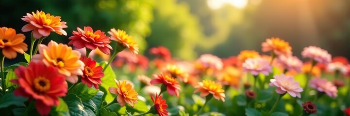 Beautiful garden filled with vibrant flowers illuminated by gentle sunlight,  colorful, beautiful