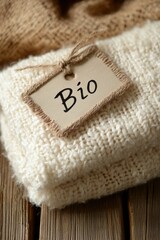 Eco-friendly folded knit blanket with natural tag reading 'Bio' on rustic wood