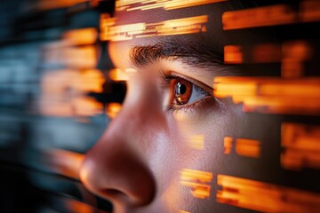 close up of focused eye with glowing digital patterns