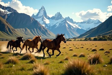 Beautiful horses galloping freely in the lush valley with iconic Andes mountains in Patagonia landscape,  Chile, horses